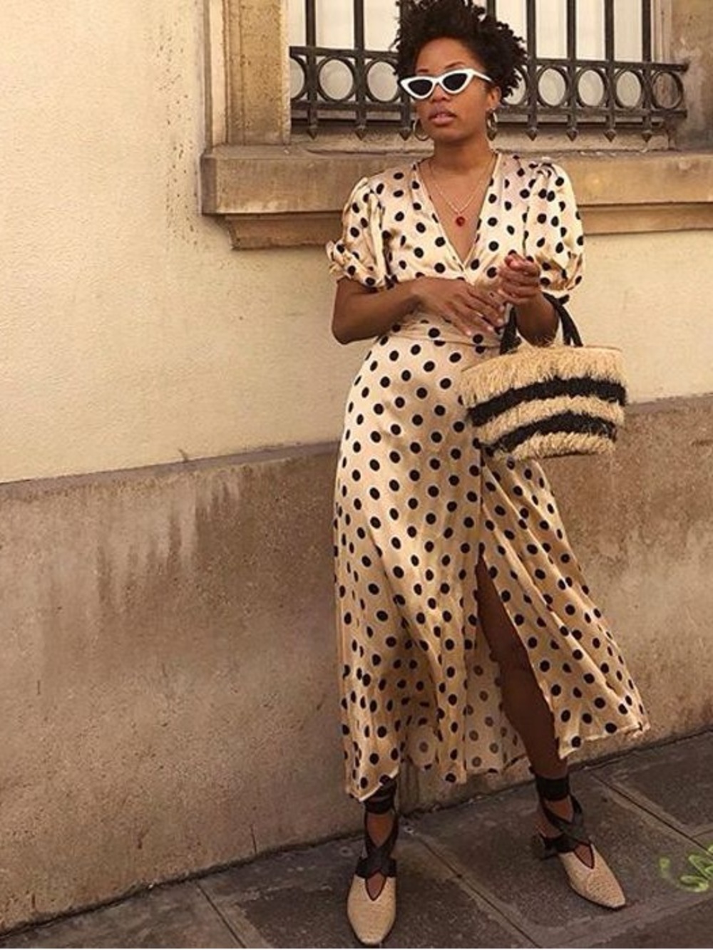 Polka Dot Satin Wrap Midi Dress in Beige and Black